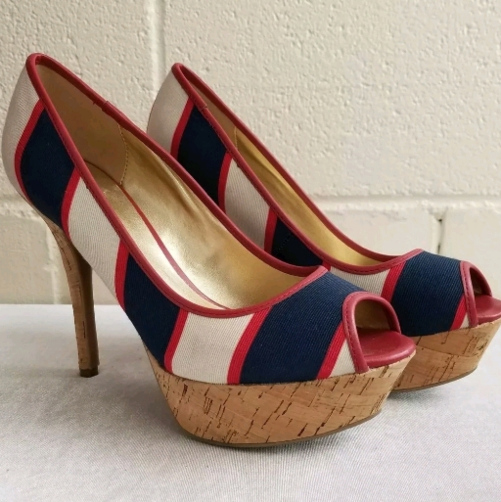 Guess Navy, White & Red Striped Cork Platform Heels